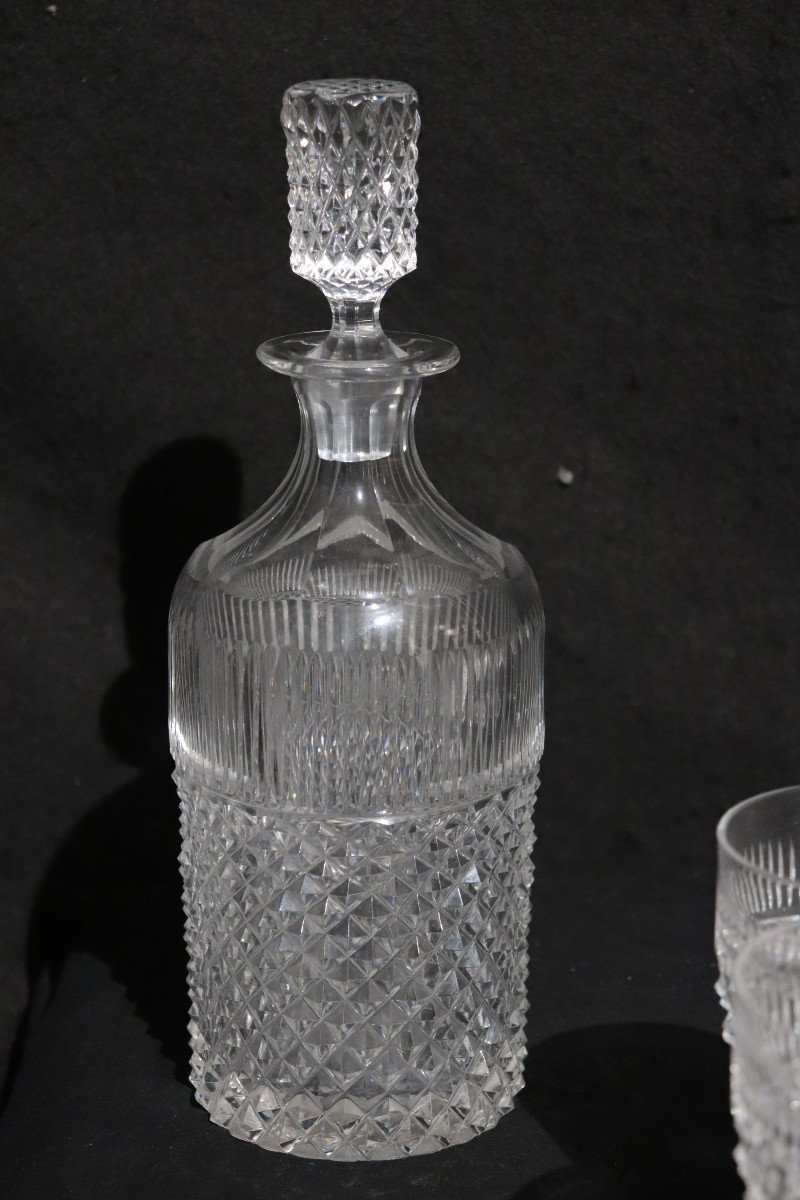 Servizio di 10 bicchieri, caraffa e decanter, In cristallo, anni 50-photo-1