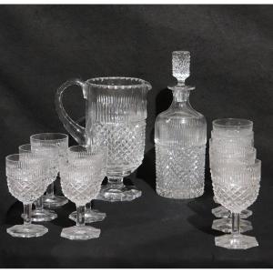 Servizio di 10 bicchieri, caraffa e decanter, In cristallo, anni 50