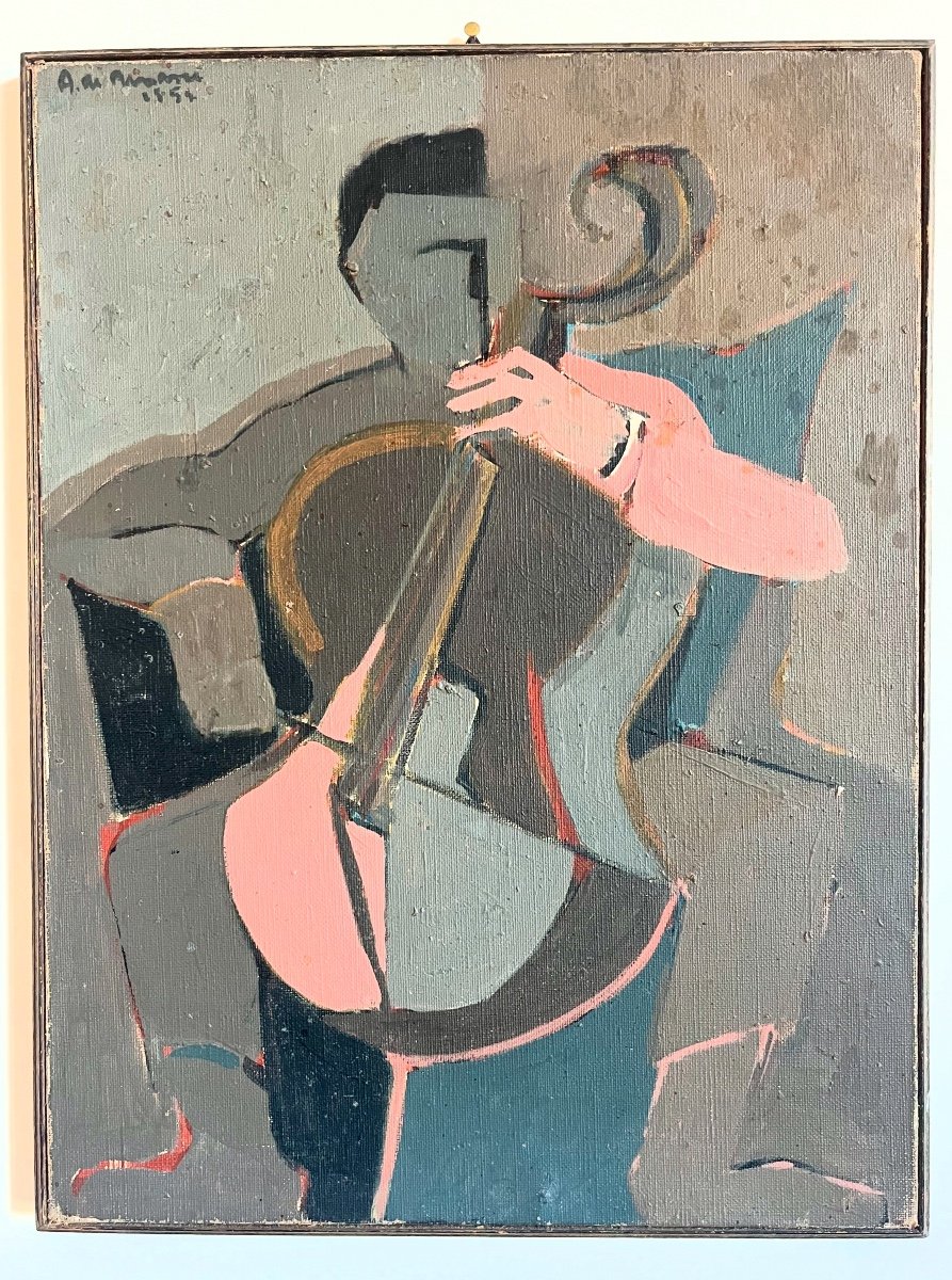 Violoncellista, olio su tela firmata e datata 1954