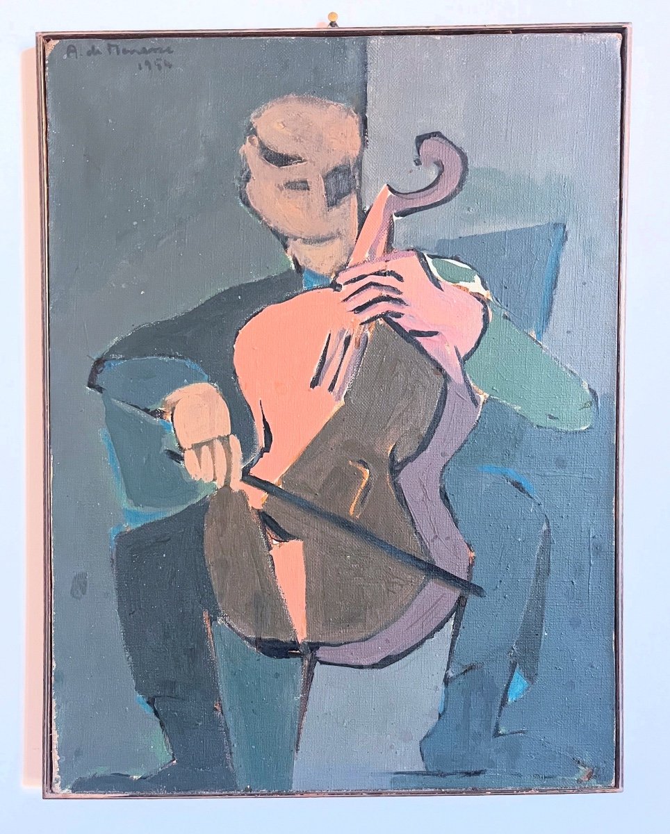 Violoncellista, olio su tela firmata e datata 1954