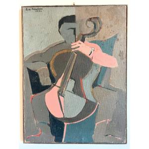 Violoncellista, olio su tela firmata e datata 1954