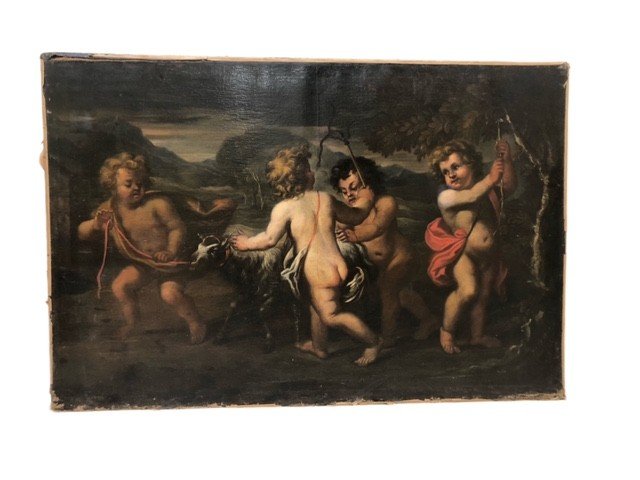 DIPINTO OLIO SU TELA RAFFIGURANTE " GIOCO DI PUTTI "-photo-2