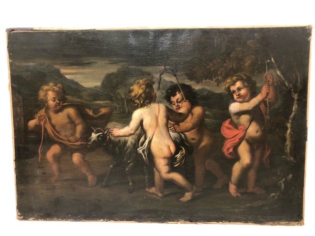 DIPINTO OLIO SU TELA RAFFIGURANTE " GIOCO DI PUTTI "-photo-3