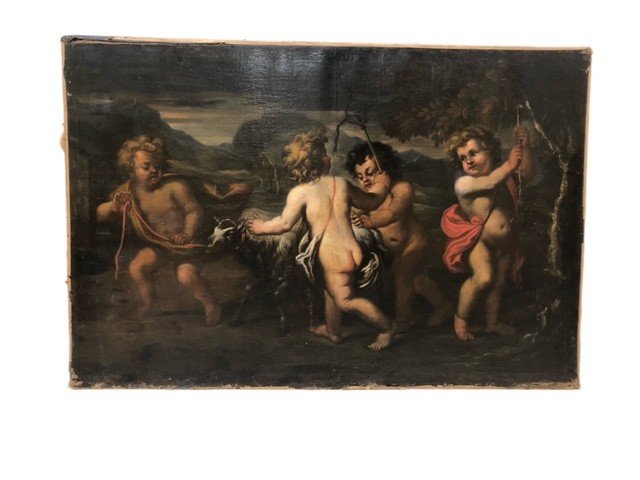 DIPINTO OLIO SU TELA RAFFIGURANTE " GIOCO DI PUTTI "-photo-4