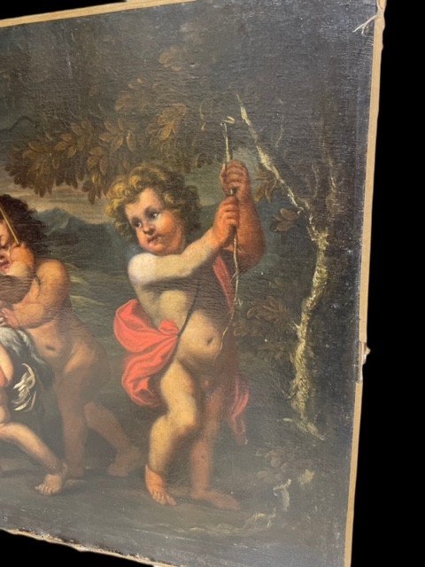 DIPINTO OLIO SU TELA RAFFIGURANTE " GIOCO DI PUTTI "-photo-2