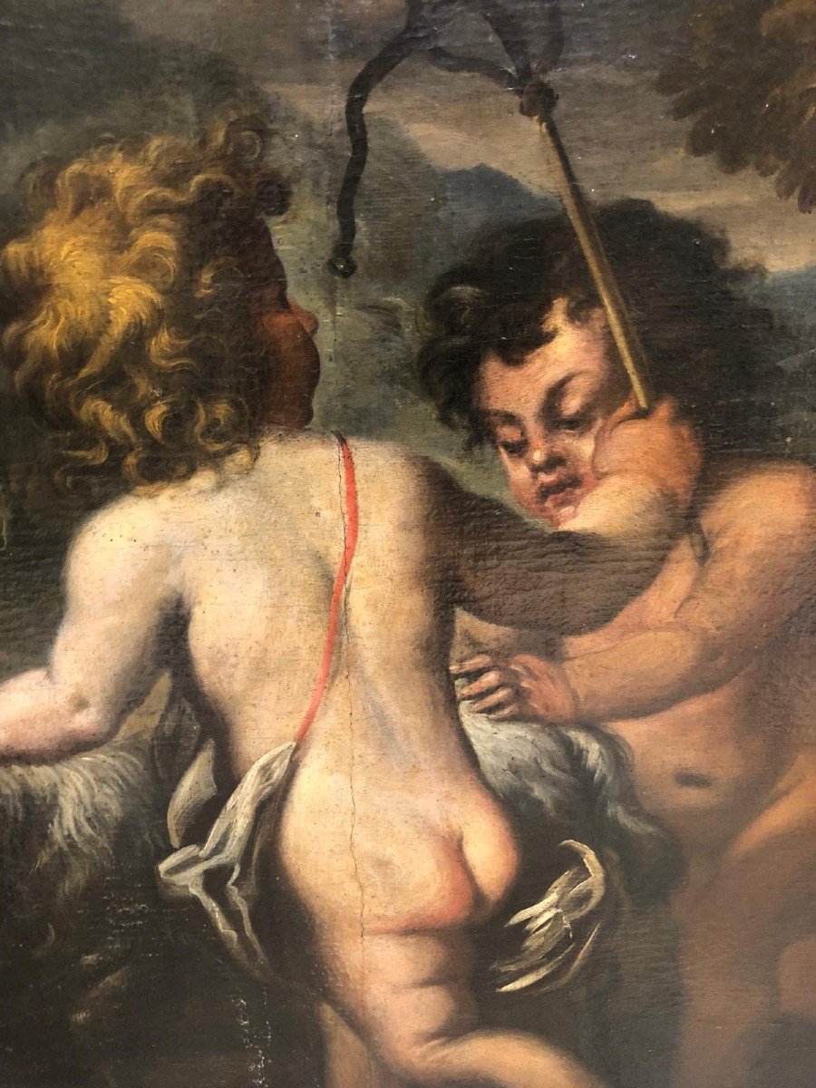 DIPINTO OLIO SU TELA RAFFIGURANTE " GIOCO DI PUTTI "-photo-3