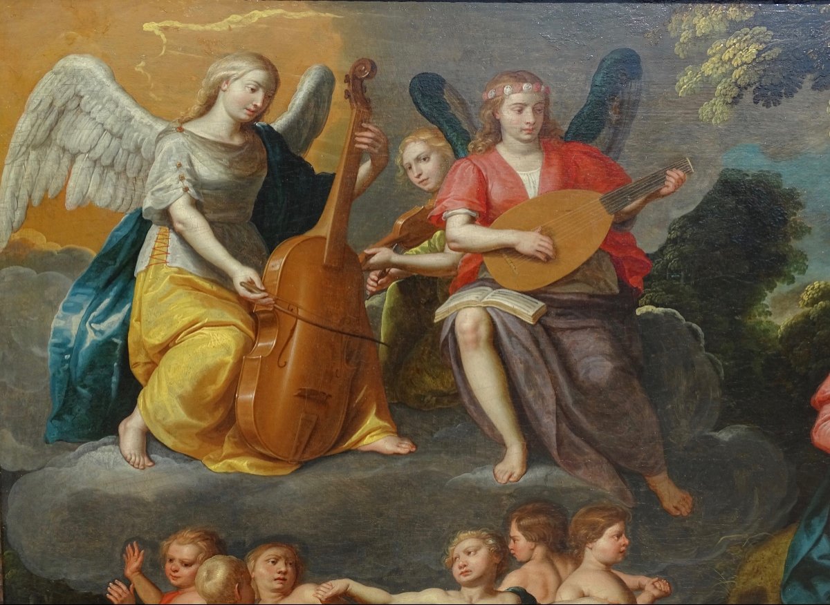 Ècole Flamande Du XVII Siècle, La Vierge à l'Enfant Entourée d'Angelots Et Anges Musiciens-photo-3