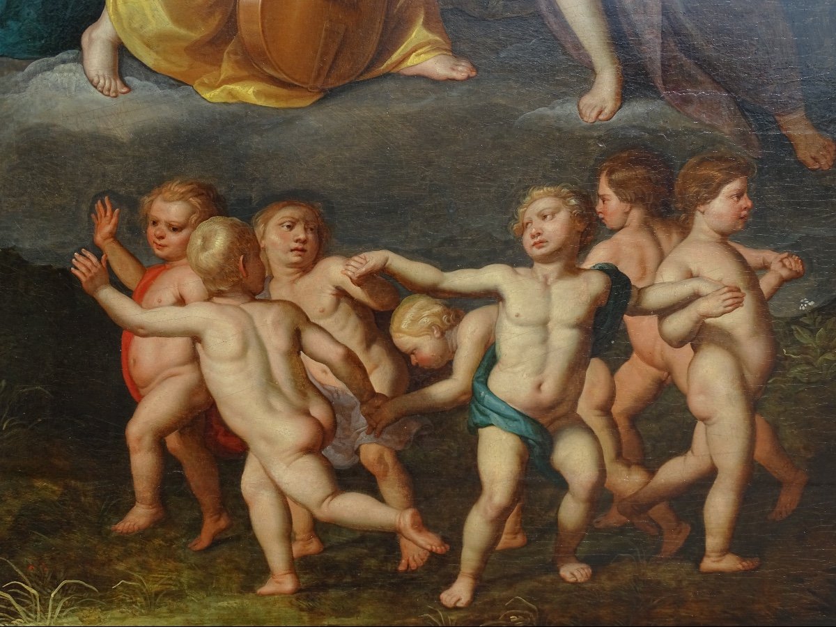 Ècole Flamande Du XVII Siècle, La Vierge à l'Enfant Entourée d'Angelots Et Anges Musiciens-photo-4