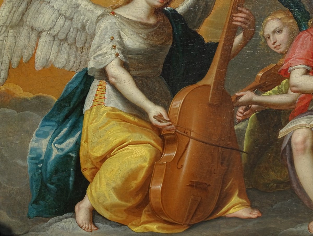 Ècole Flamande Du XVII Siècle, La Vierge à l'Enfant Entourée d'Angelots Et Anges Musiciens-photo-1