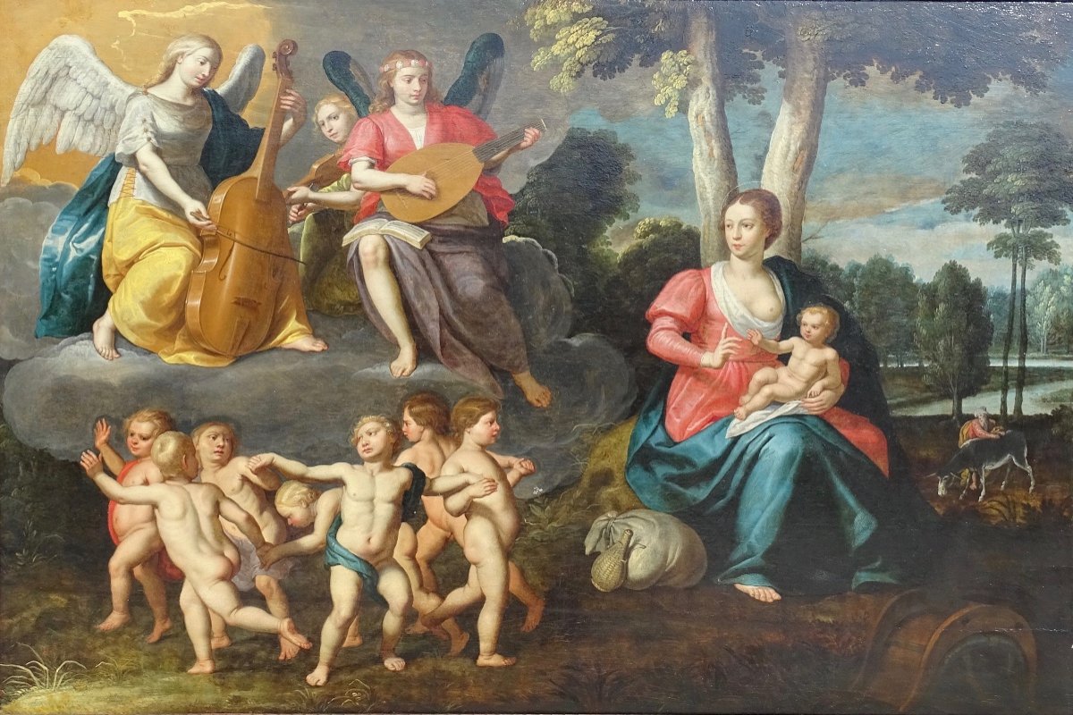 Ècole Flamande Du XVII Siècle, La Vierge à l'Enfant Entourée d'Angelots Et Anges Musiciens