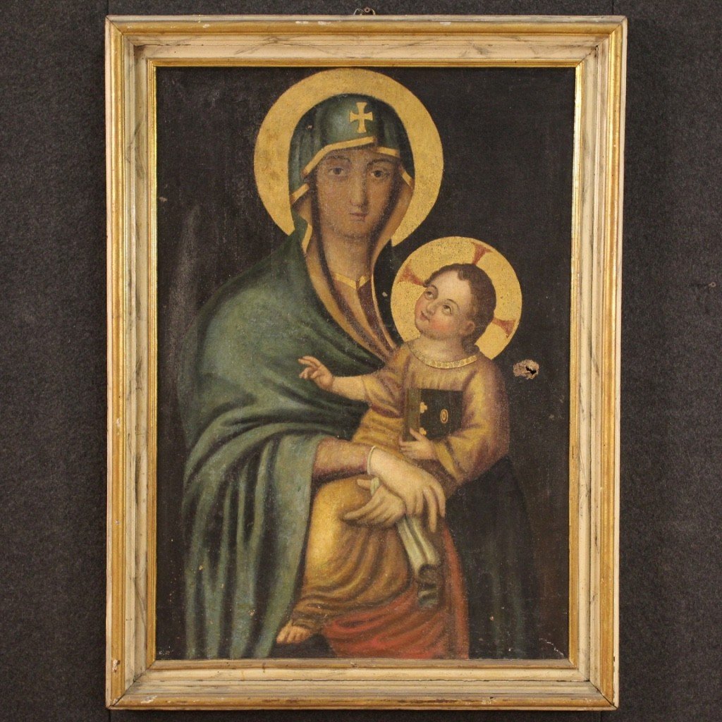 Antico dipinto italiano religioso Madonna con bambino del XVIII secolo-photo-2