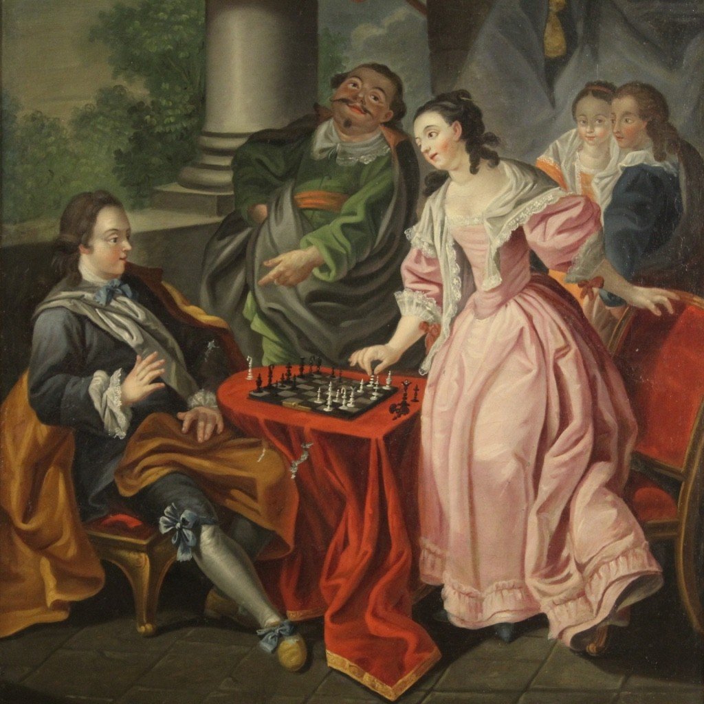 Quadro del XVIII secolo, coppia che gioca a scacchi-photo-2