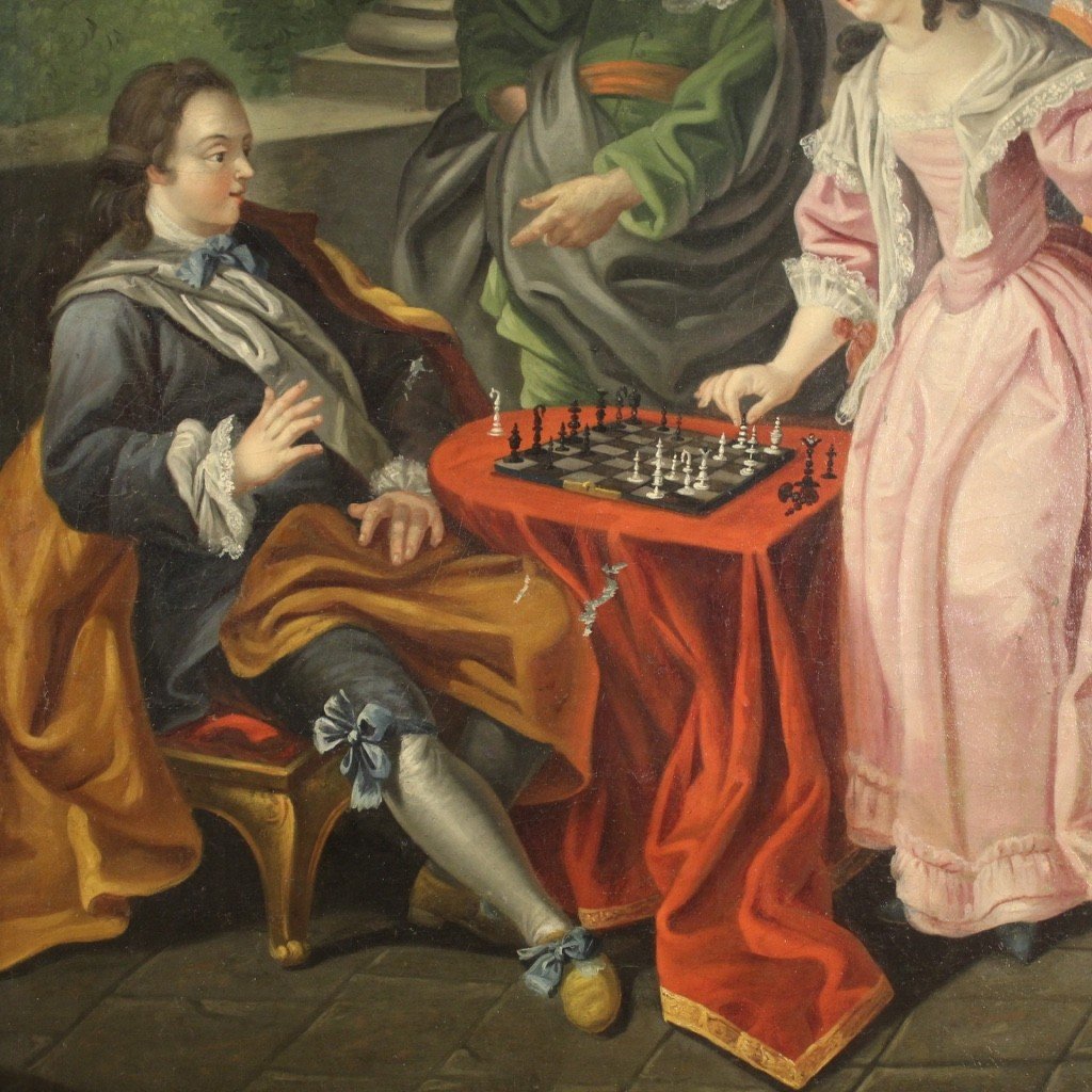 Quadro del XVIII secolo, coppia che gioca a scacchi-photo-4