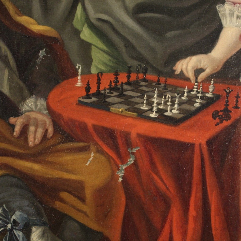 Quadro del XVIII secolo, coppia che gioca a scacchi-photo-7