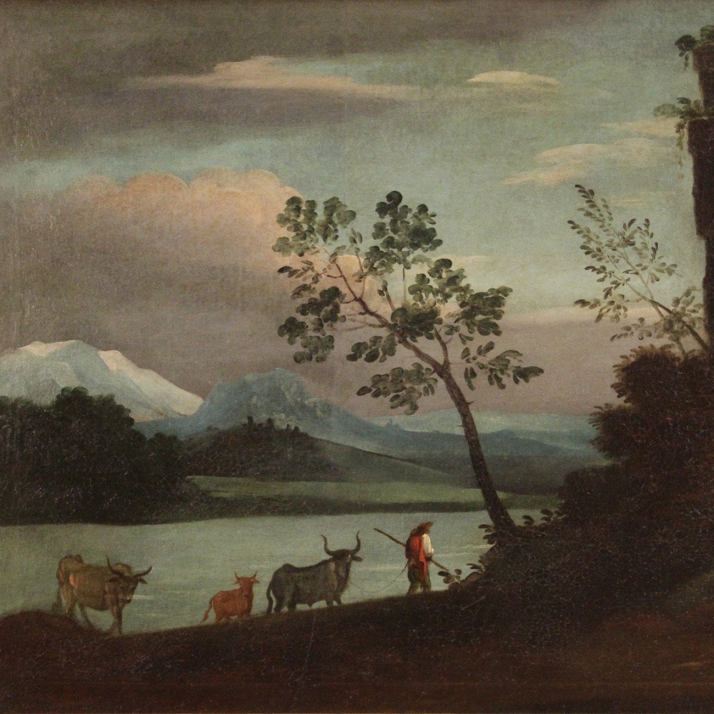Dipinto paesaggio con rovine olio su tela del XVIII secolo-photo-2