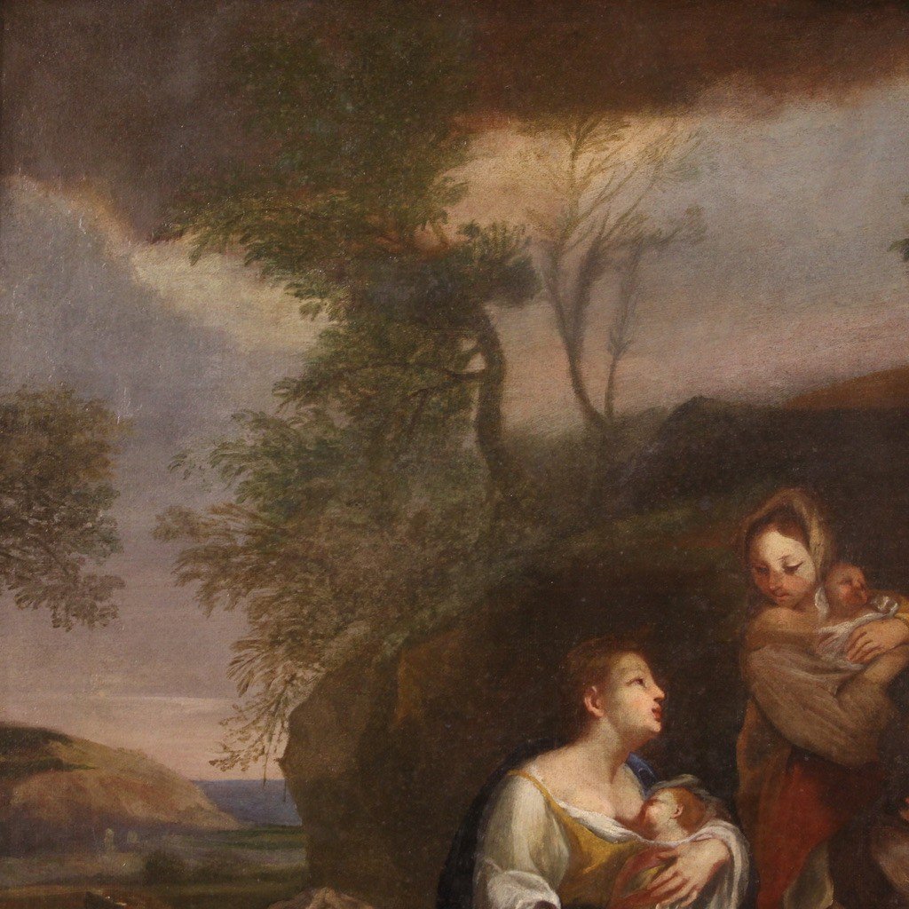 Dipinto paesaggio con scena familiare del XVIII secolo-photo-4