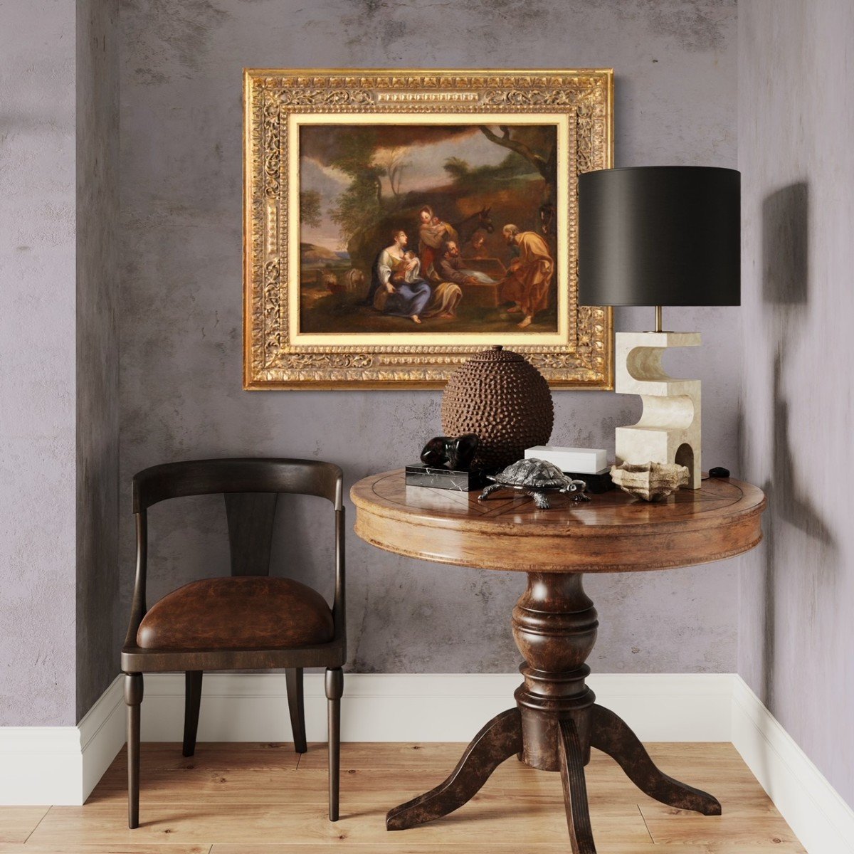 Dipinto paesaggio con scena familiare del XVIII secolo-photo-6