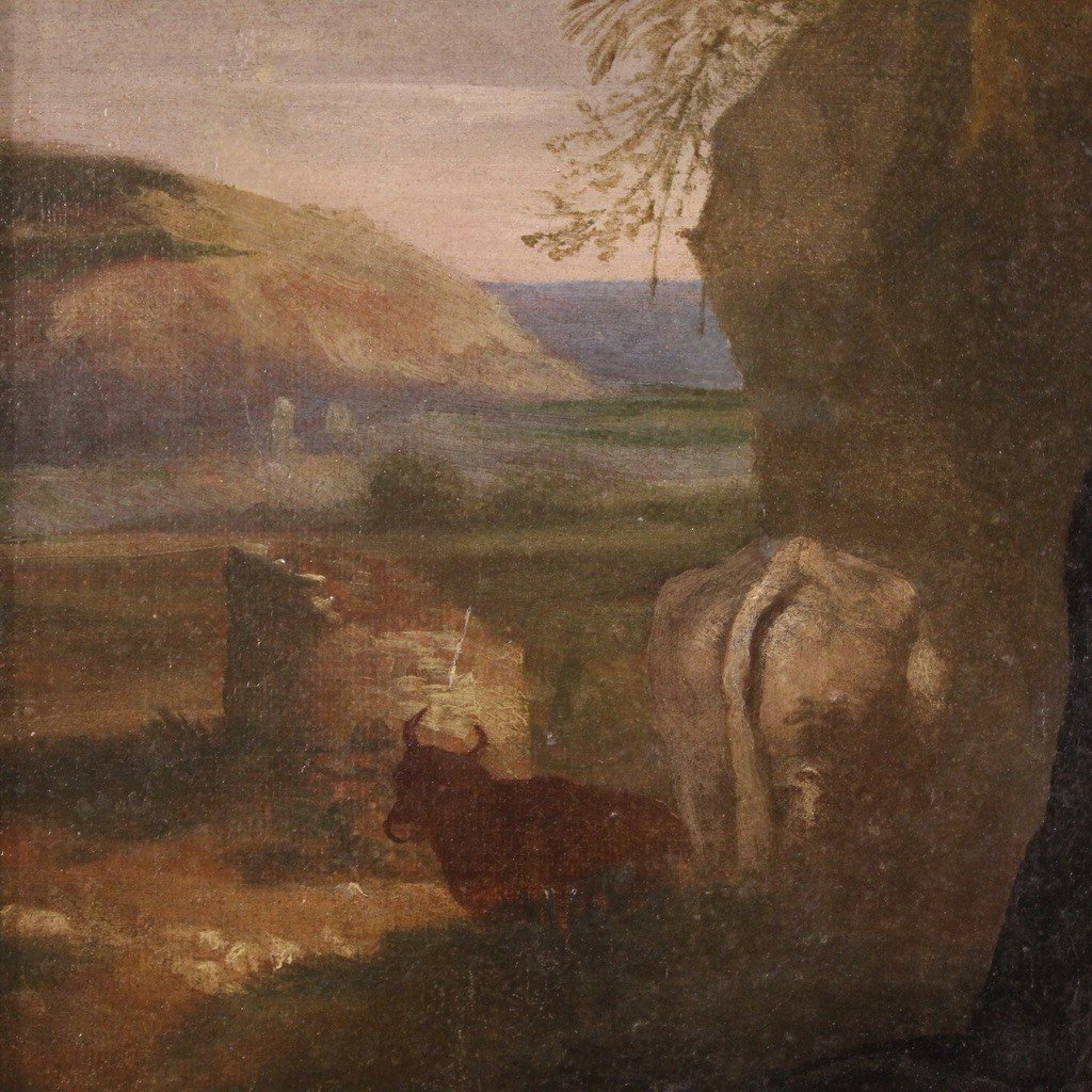 Dipinto paesaggio con scena familiare del XVIII secolo-photo-7