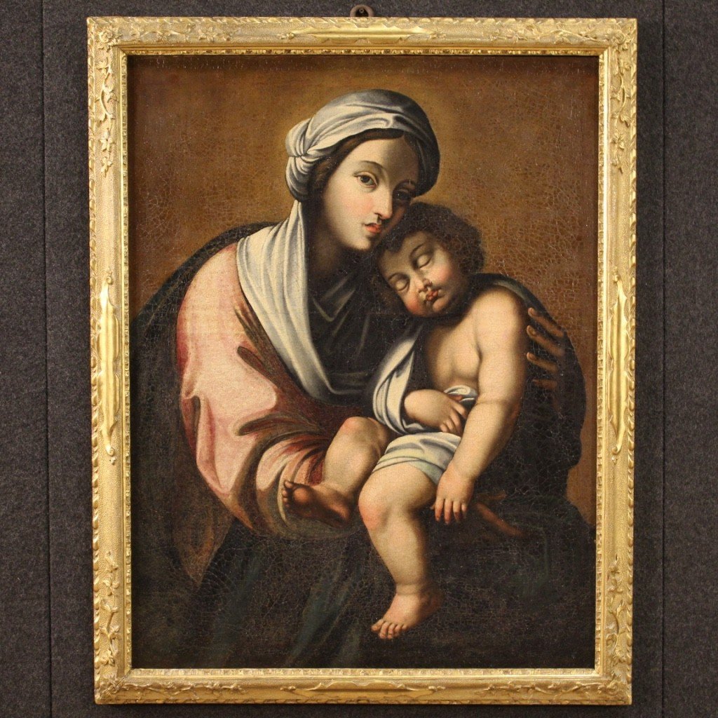 Dipinto olio su tela Madonna con bambino del XVIII secolo-photo-2