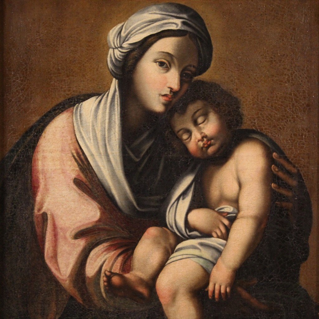 Dipinto olio su tela Madonna con bambino del XVIII secolo-photo-3