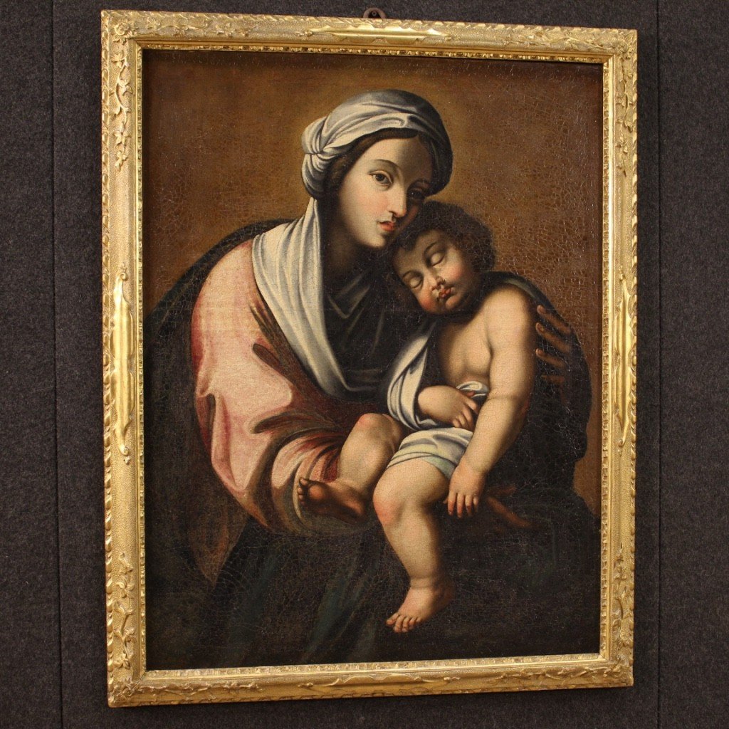 Dipinto olio su tela Madonna con bambino del XVIII secolo-photo-3