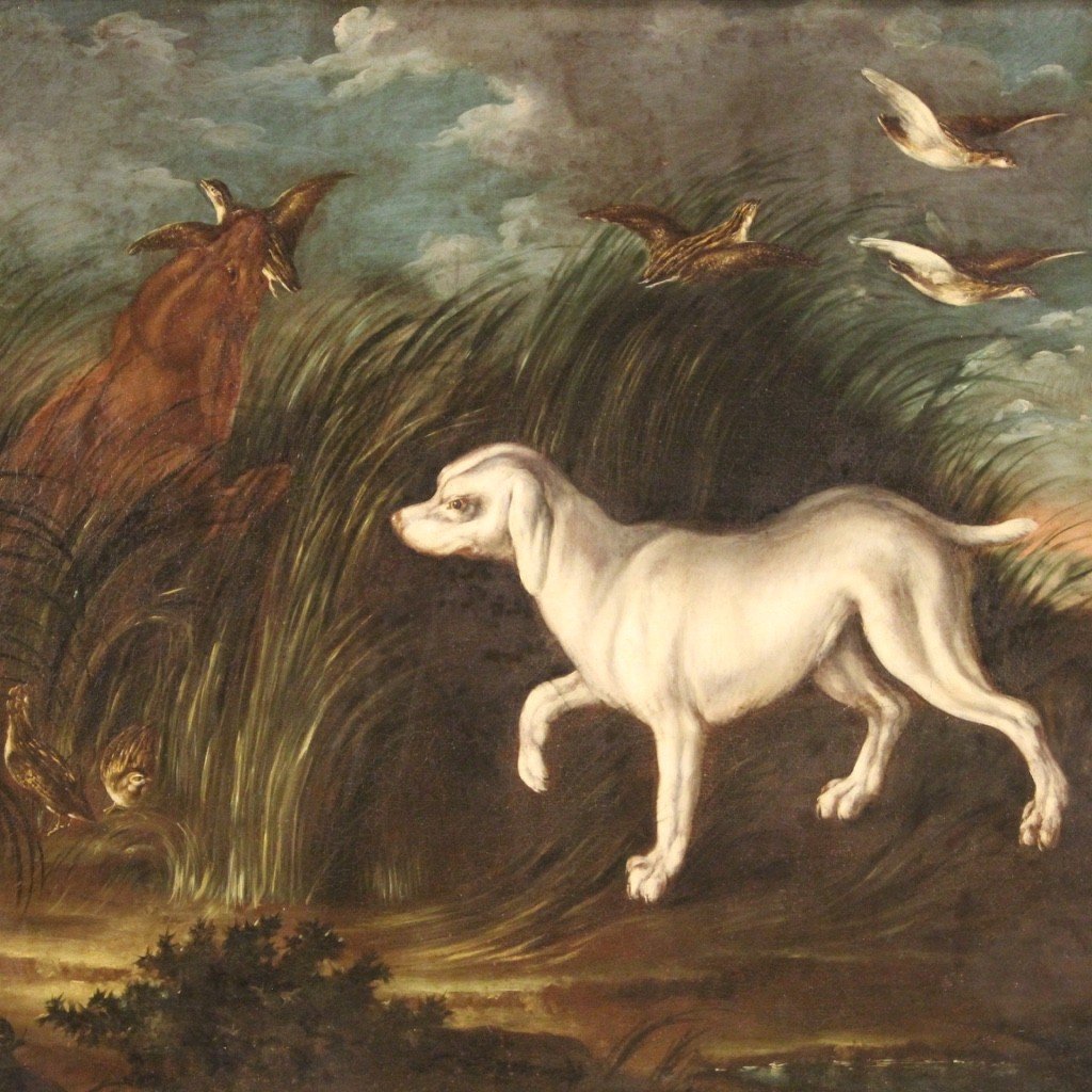 Antico dipinto francese del XVIII secolo paesaggio con cani-photo-3