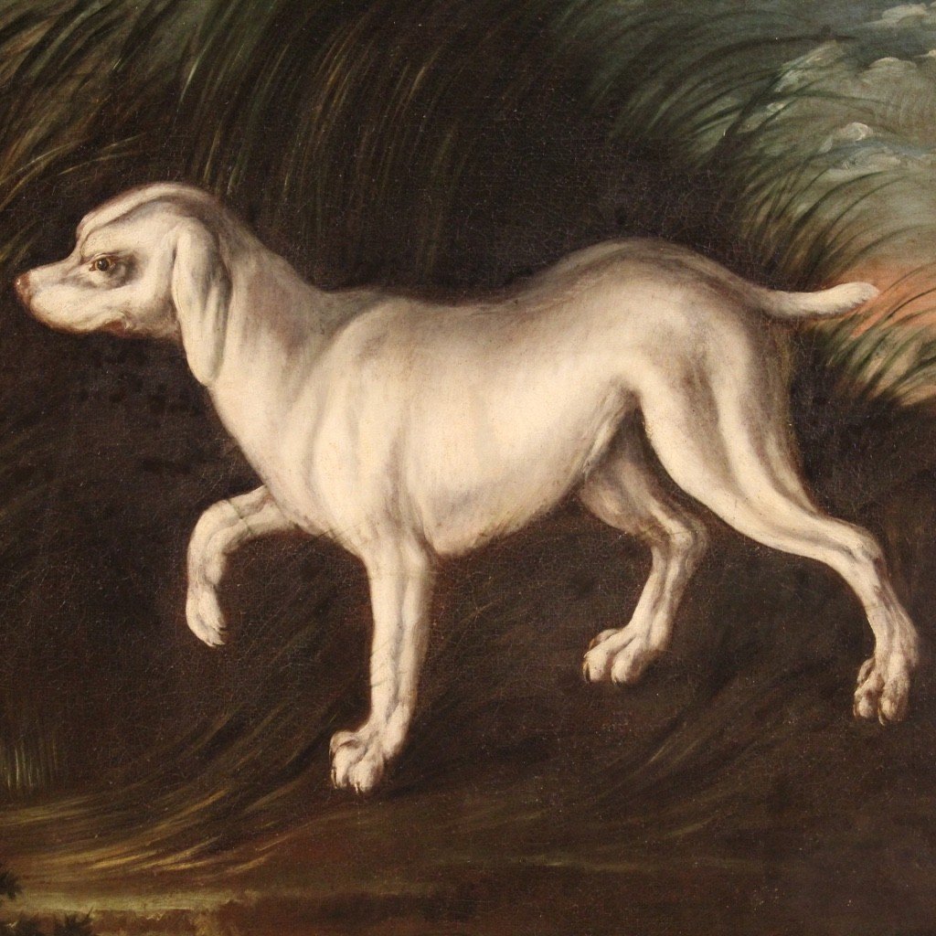 Antico dipinto francese del XVIII secolo paesaggio con cani-photo-2