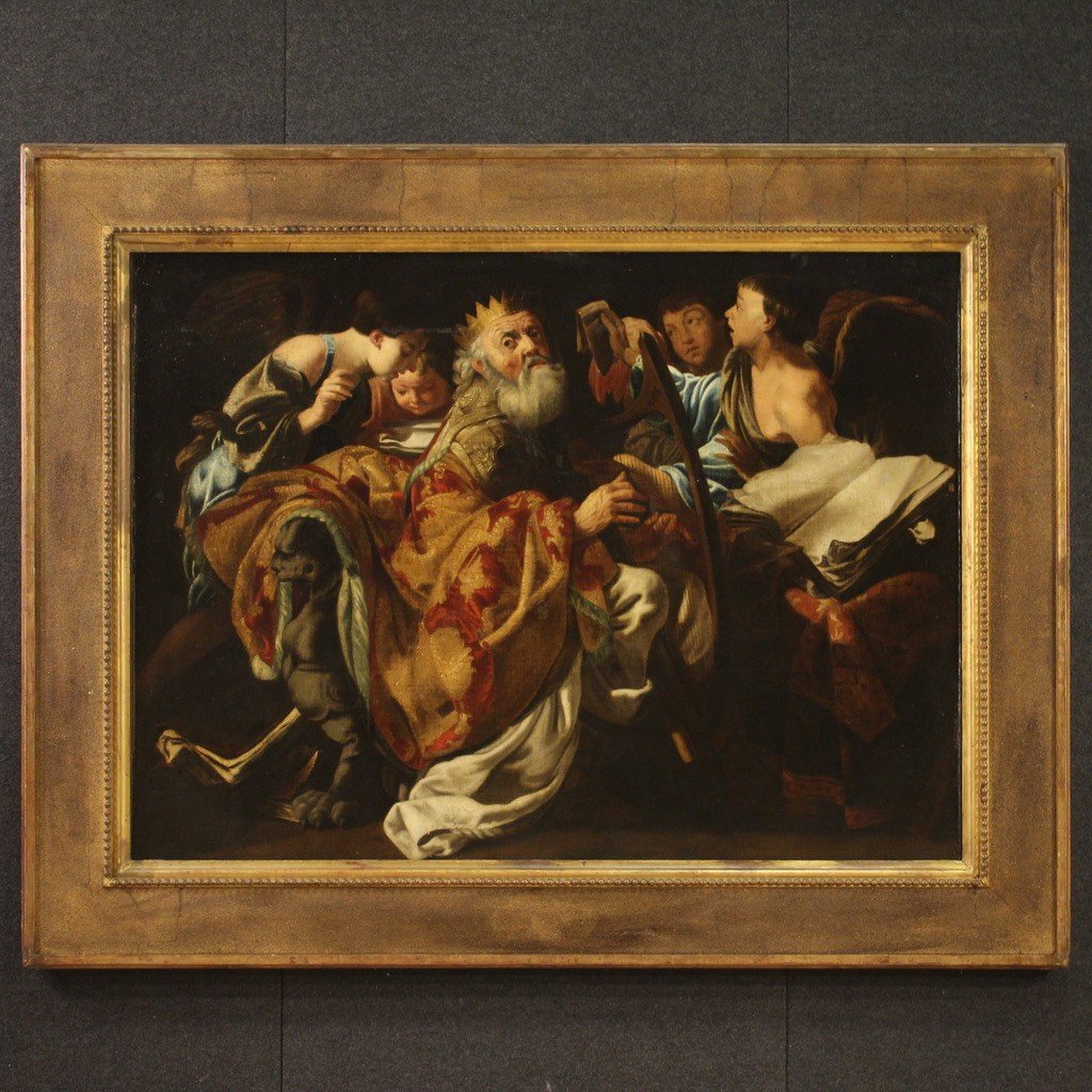 Grande quadro del XVII secolo, Re David suona l'arpa tra gli angeli-photo-2