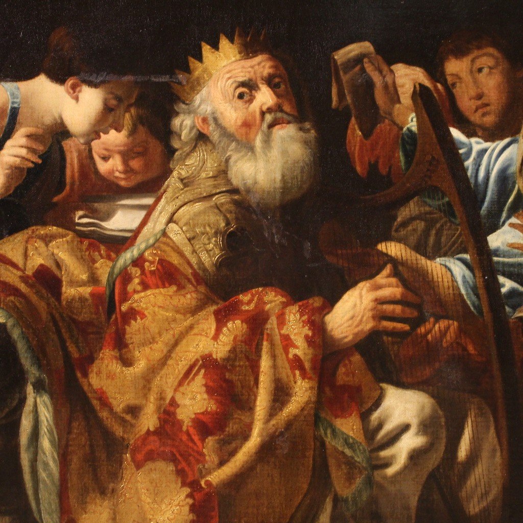 Grande quadro del XVII secolo, Re David suona l'arpa tra gli angeli-photo-3
