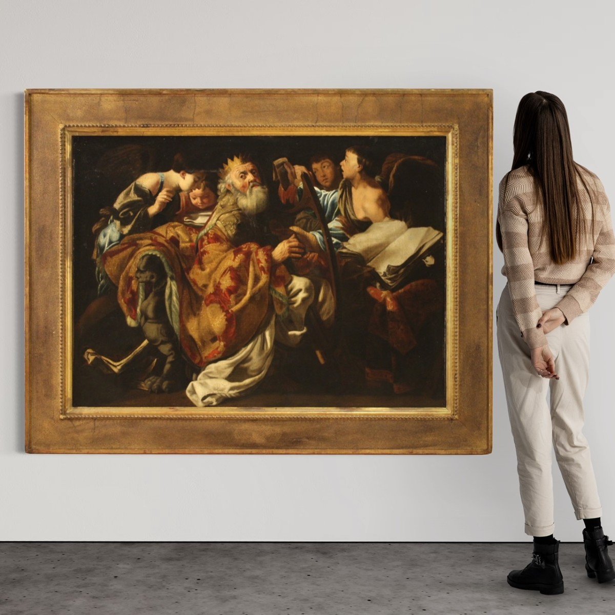 Grande quadro del XVII secolo, Re David suona l'arpa tra gli angeli-photo-4