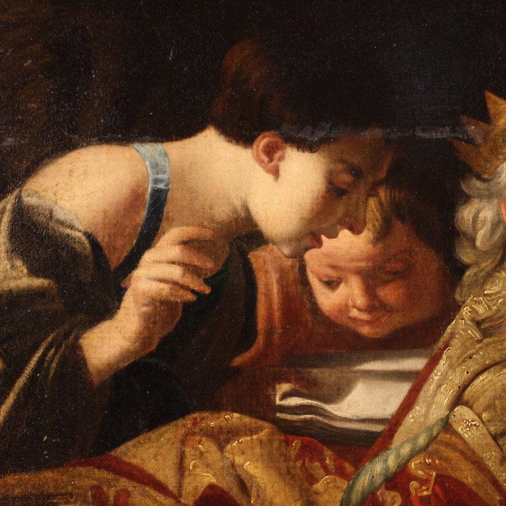 Grande quadro del XVII secolo, Re David suona l'arpa tra gli angeli-photo-1
