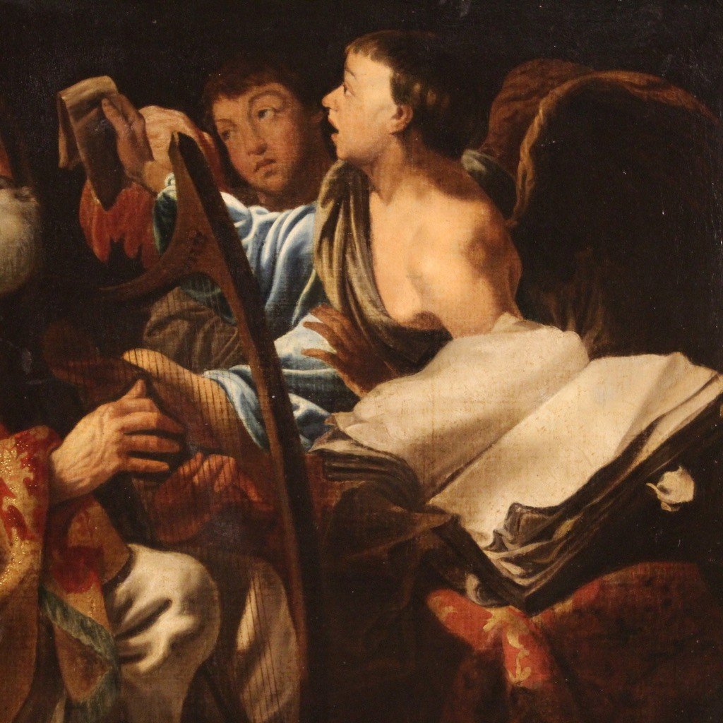 Grande quadro del XVII secolo, Re David suona l'arpa tra gli angeli-photo-6