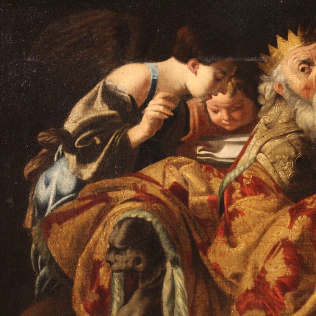 Grande quadro del XVII secolo, Re David suona l'arpa tra gli angeli-photo-7