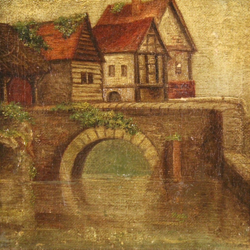 Dipinto inglese paesaggio sul fiume del XX secolo-photo-7