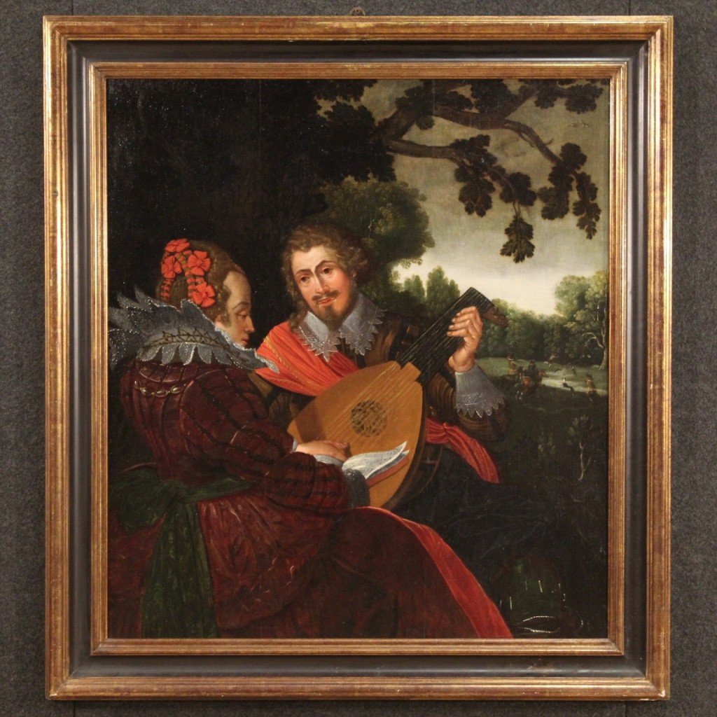 Quadro fiammingo con Musici olio su tavola del XVII secolo-photo-2