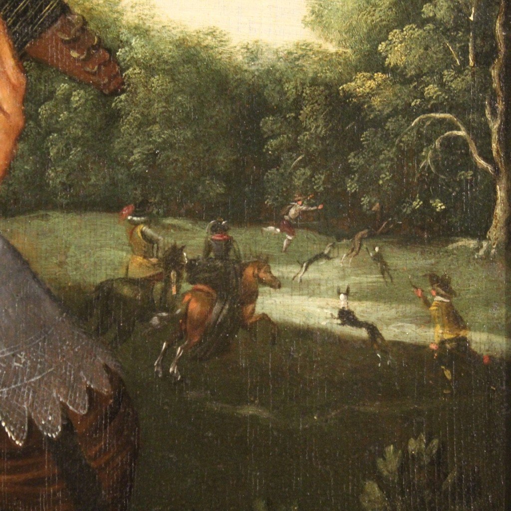 Quadro fiammingo con Musici olio su tavola del XVII secolo-photo-4