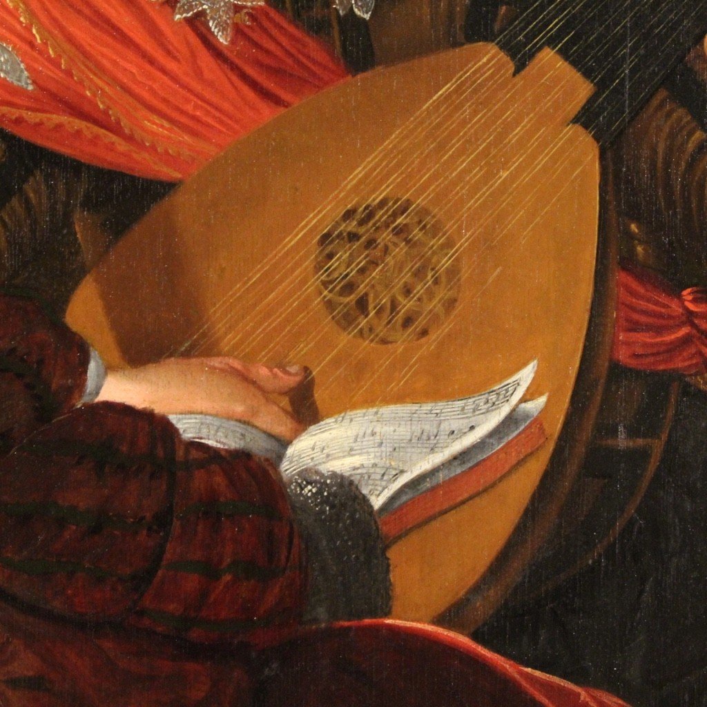 Quadro fiammingo con Musici olio su tavola del XVII secolo-photo-5