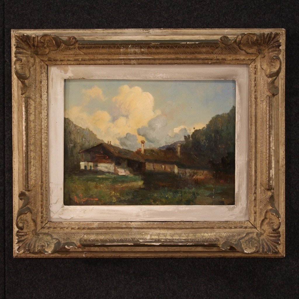 Dipinto olio su masonite paesaggio di montagna del XX secolo-photo-2