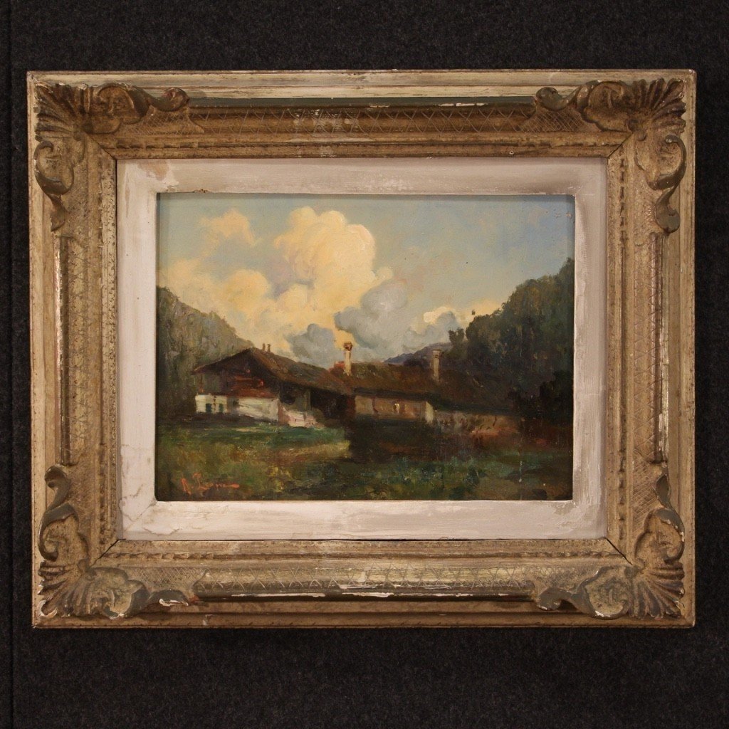 Dipinto olio su masonite paesaggio di montagna del XX secolo
