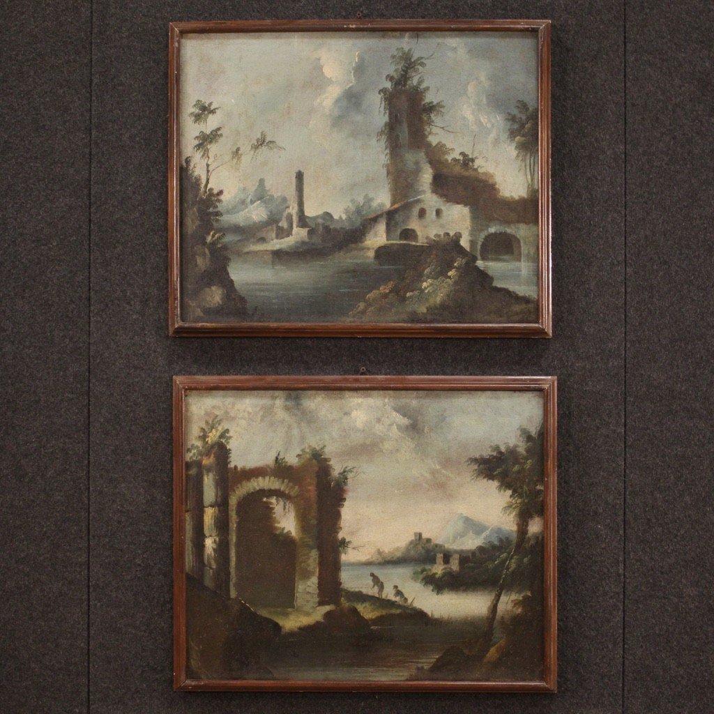 Dipinto olio su tela paesaggio con rovine del XVIII secolo-photo-4
