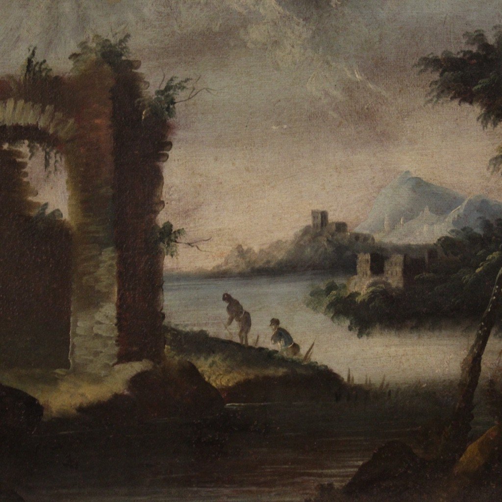 Dipinto olio su tela paesaggio con rovine del XVIII secolo-photo-1