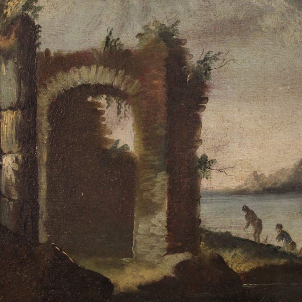 Dipinto olio su tela paesaggio con rovine del XVIII secolo-photo-2