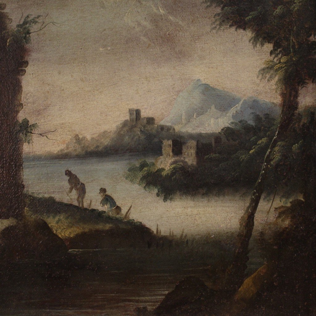 Dipinto olio su tela paesaggio con rovine del XVIII secolo-photo-3