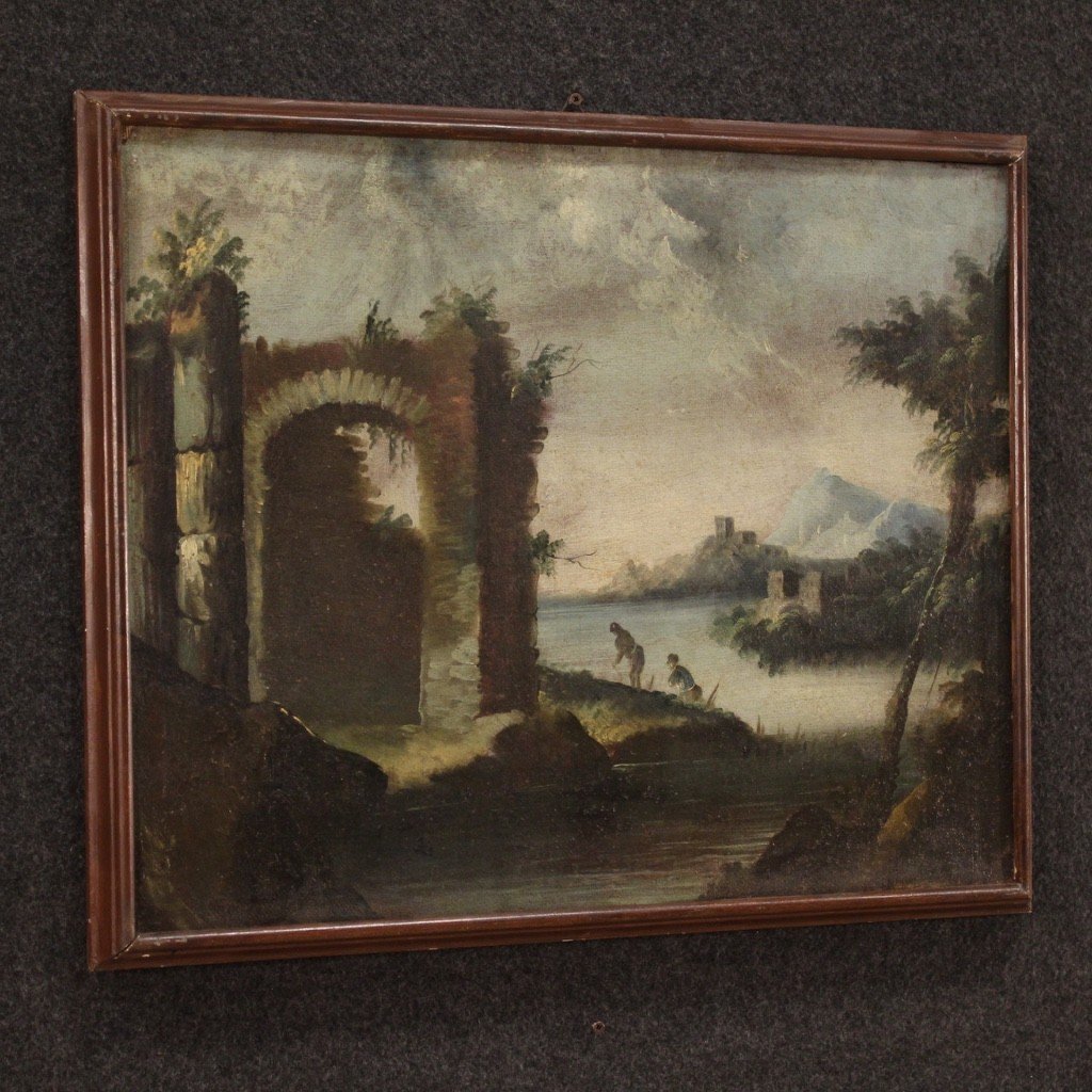 Dipinto olio su tela paesaggio con rovine del XVIII secolo-photo-4