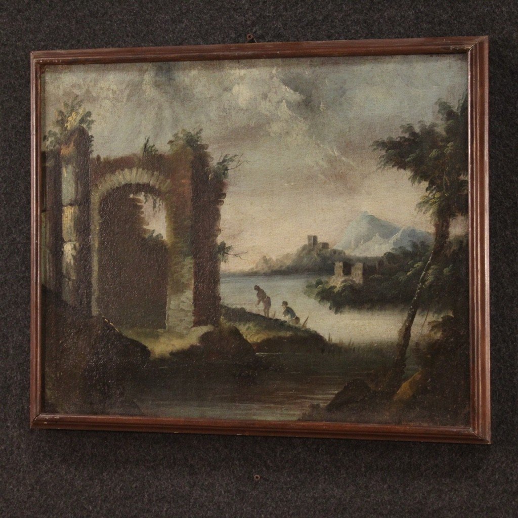 Dipinto olio su tela paesaggio con rovine del XVIII secolo-photo-8