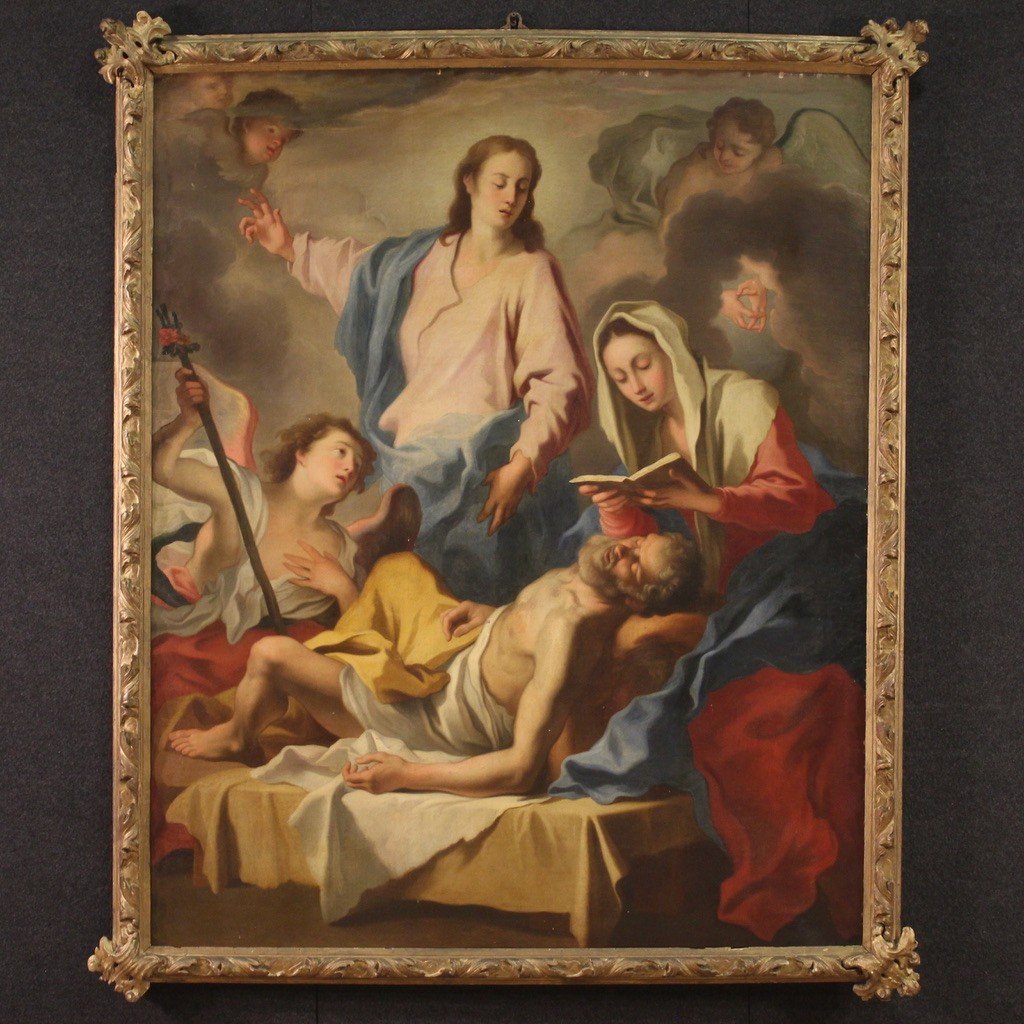 Grande dipinto italiano del XVIII secolo, transito di San Giuseppe