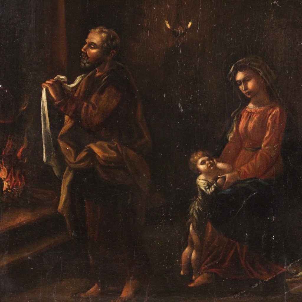 Quadro fiammingo religioso Sacra Famiglia su tavola del XVII secolo-photo-3