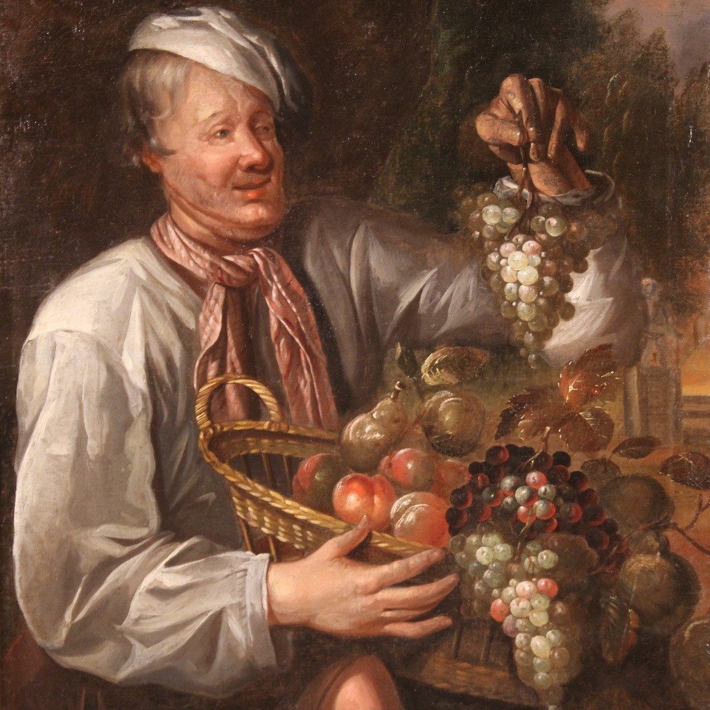 Dipinto italiano Fruttivendolo con cesto di frutta del XVIII secolo-photo-3