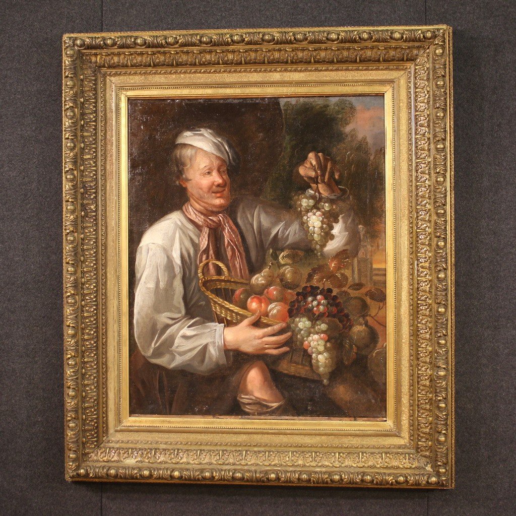 Dipinto italiano Fruttivendolo con cesto di frutta del XVIII secolo-photo-5