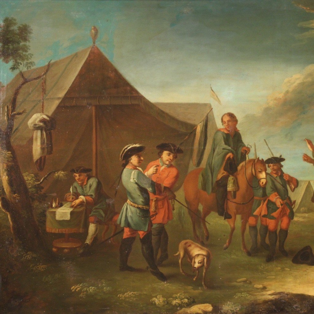 Dipinto francese accampamento con soldati e cavalli del XIX secolo-photo-4
